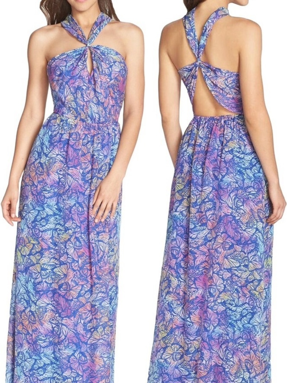 Charlie Jade Silk Chiffon Butterfly Ombré Twist Halter Maxi Dress